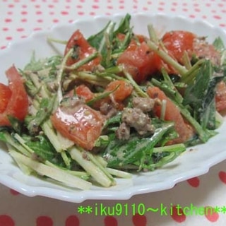 挽肉水菜トマトのマスタードマヨサラダ